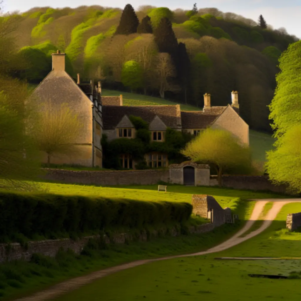Period cottage in the British countryside surrounded by greenery.
